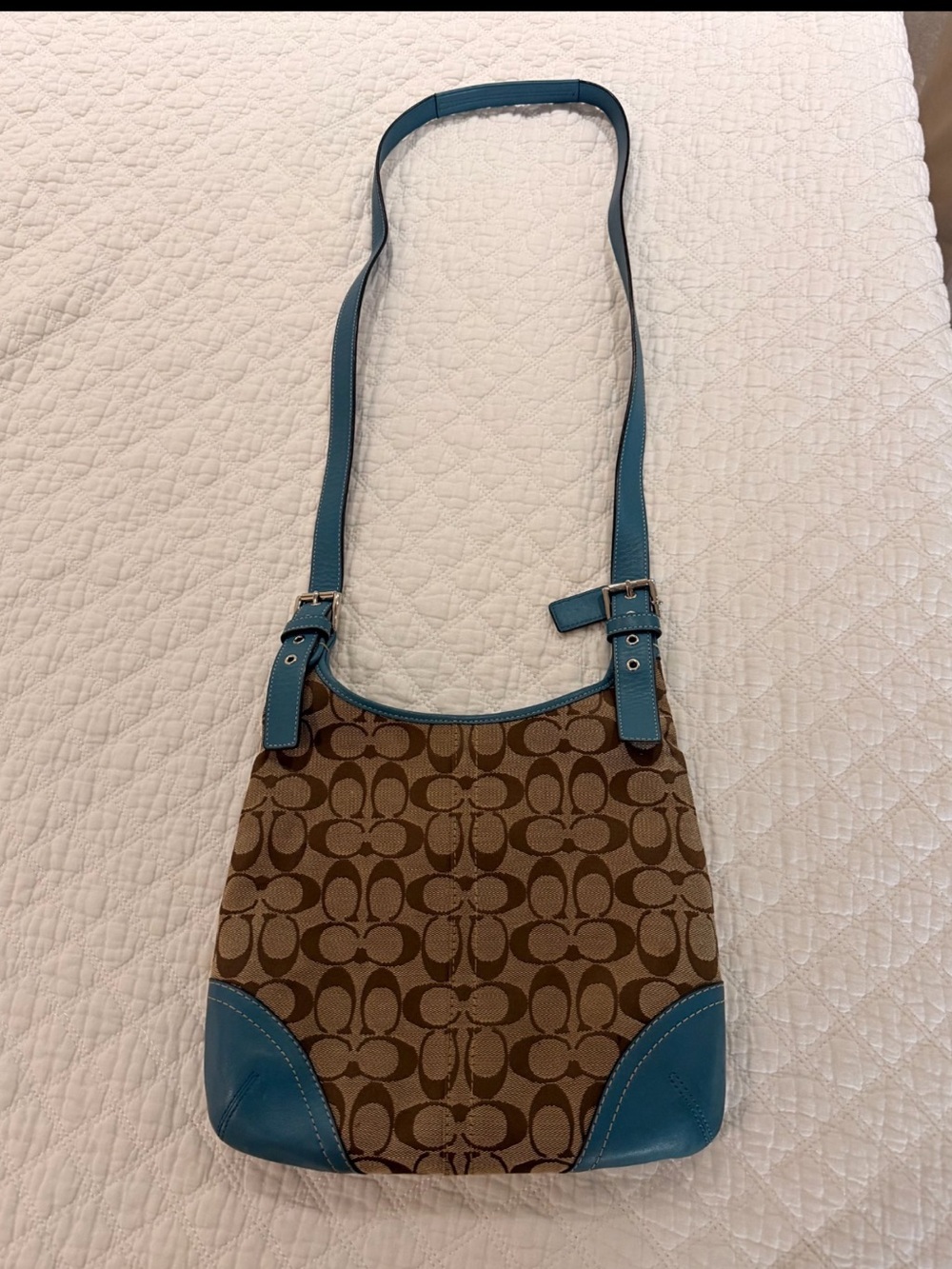 Coach Brown Signature Canvas Shoulder Bag with Teal Trim - Picture 1 of 3